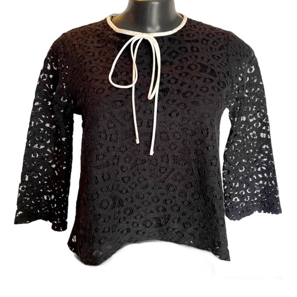 Zara M black lace long sleeve crop top white bow tie lacy shirt blouse witchy​ - Picture 2 of 15
